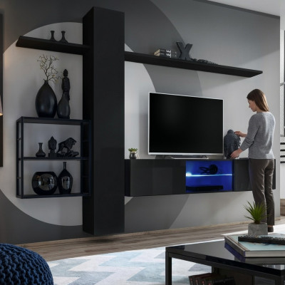 Black wall unit, wall shelves, living room furniture, luxury set, 5-piece