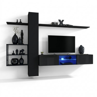 Black wall unit, wall shelves, living room furniture, luxury set, 5-piece