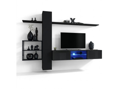 Black wall unit, wall shelves, living room furniture, luxury set, 5-piece