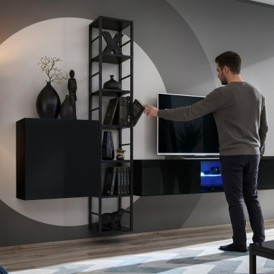 Black wall unit 270cm luxury wall cabinet living room furniture shelves wood furnishings