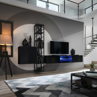 Black wall unit 270cm luxury wall cabinet living room furniture shelves wood furnishings