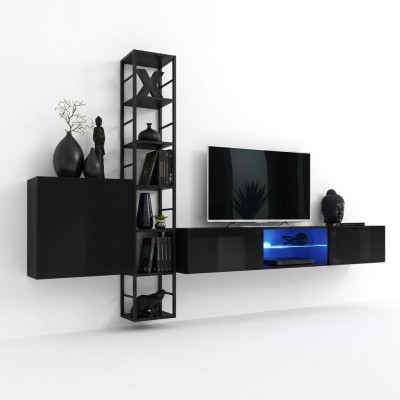 Black wall unit 270cm luxury wall cabinet living room furniture shelves wood furnishings