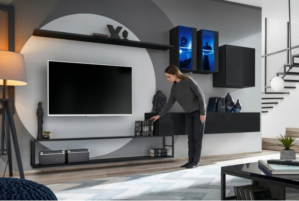 Designer living wall black modern luxury TV stand wood furniture set