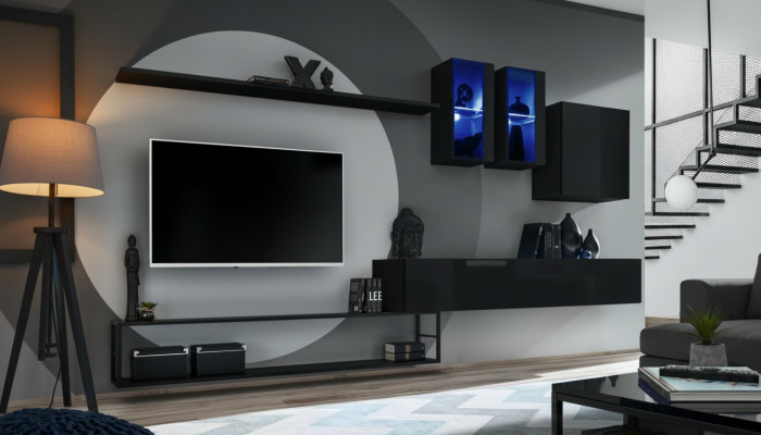 Designer living wall black modern luxury TV stand wood furniture set