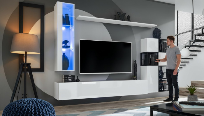 Hanging Display Cabinet White Living Wall Designer TV Stand Complete 9-Piece Wooden Furniture Shelves