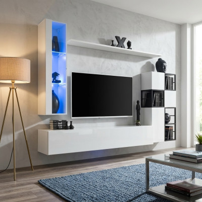 Hanging Display Cabinet White Living Wall Designer TV Stand Complete 9-Piece Wooden Furniture Shelves