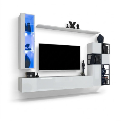 Hanging Display Cabinet White Living Wall Designer TV Stand Complete 9-Piece Wooden Furniture Shelves