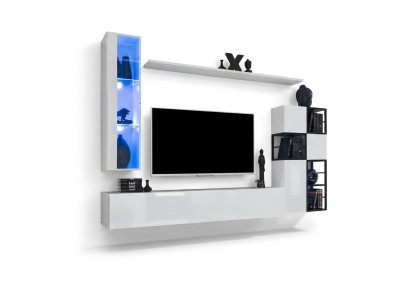 Hanging Display Cabinet White Living Wall Designer TV Stand Complete 9-Piece Wooden Furniture Shelves