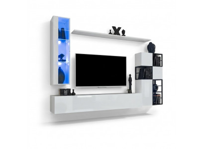 Hanging Display Cabinet White Living Wall Designer TV Stand Complete 9-Piece Wooden Furniture Shelves