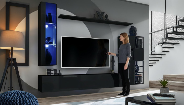 Living room furniture wall unit 250 cm black interior wooden furniture wall cabinet