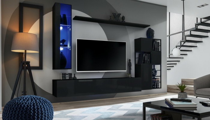 Living room furniture wall unit 250 cm black interior wooden furniture wall cabinet