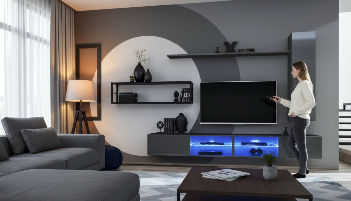 Gray Complete Wall Unit Living Room Furniture Luxury Wall Cabinet Wall Shelves New