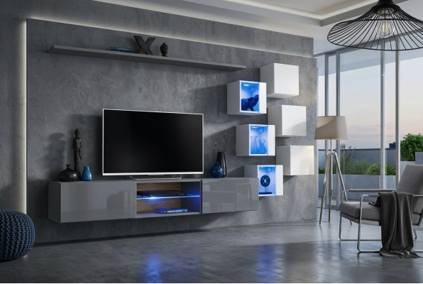 Luxury designer wall unit furniture gray wall shelf cupboard set
