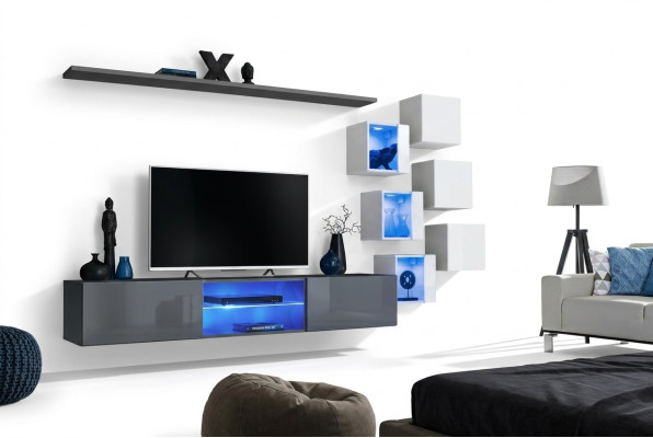 Luxury designer wall unit furniture gray wall shelf cupboard set