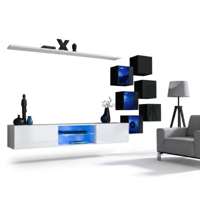 Furniture set, living room wall unit, 6x wall cabinet, wall shelves, sideboard, wooden furniture, new.