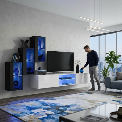 New Wall Unit Black 3x Wall Cabinet Furniture TV Stand Modern Set