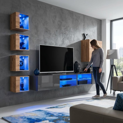 Living room wall unit grey modern furniture TV stand wall cabinet shelves