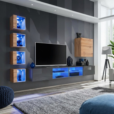 Living room wall unit grey modern furniture TV stand wall cabinet shelves