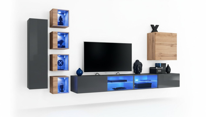 Living room wall unit grey modern furniture TV stand wall cabinet shelves