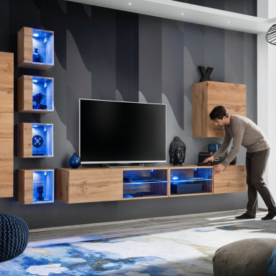 Furniture set: Living room wall unit, wall cabinet, wall shelves, sideboard, wooden furniture, TV stand, new