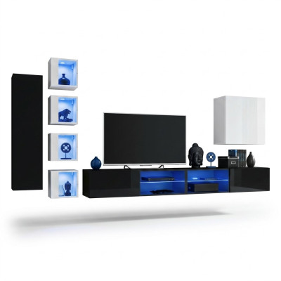 Complete living wall wall cabinet wooden furniture modern set 7-piece furnishing new