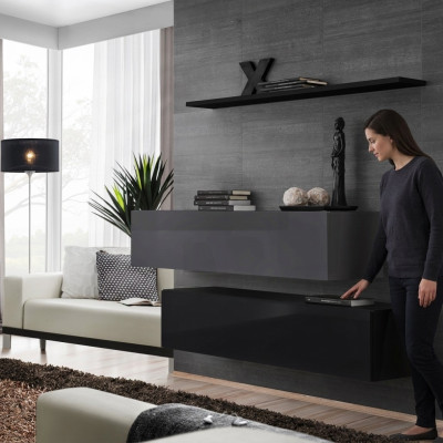 Living room wall unit modern black wood cabinet wall shelf