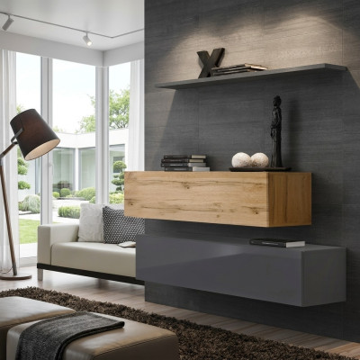Living room wall unit set, 3-piece group, cabinet, wood furniture, wall shelf