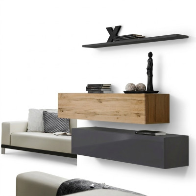 Living room wall unit set, 3-piece group, cabinet, wood furniture, wall shelf