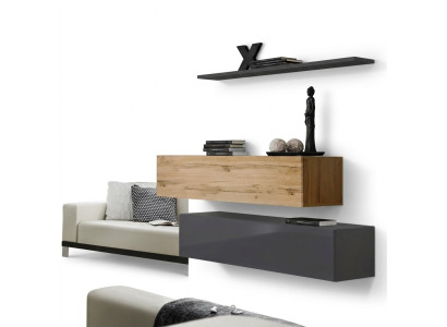 Living room wall unit set, 3-piece group, cabinet, wood furniture, wall shelf