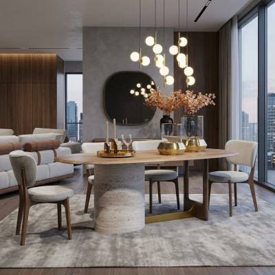 5-piece dining room set design. Modern furniture, wooden table, 4 chairs, new set.
