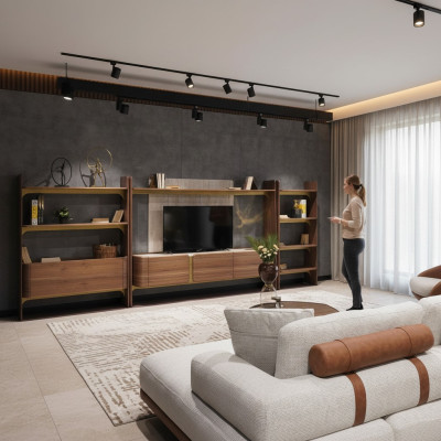 Luxury wall unit design living room set furniture brown wood bookshelf shelves