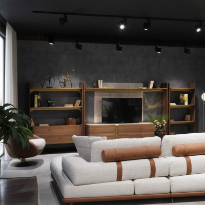 Luxury wall unit design living room set furniture brown wood bookshelf shelves