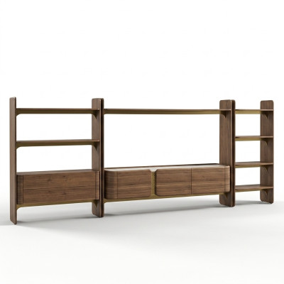 Luxury wall unit design living room set furniture brown wood bookshelf shelves