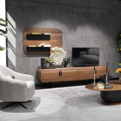 Living Room Wall Unit Complete Set Brown Furniture Wall Shelf New