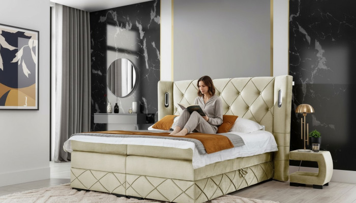 Beige Chesterfield upholstered bed bedroom nightstands luxury furniture