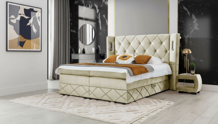Beige Chesterfield upholstered bed bedroom nightstands luxury furniture