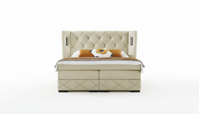 Beige Chesterfield upholstered bed bedroom nightstands luxury furniture
