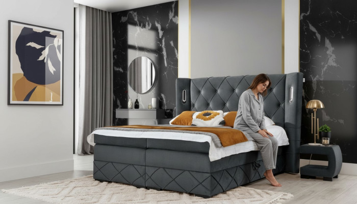 Bedroom bed double textile beds upholstered complete 2x nightstands wood