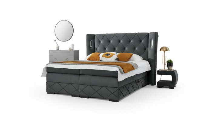 Bedroom bed double textile beds upholstered complete 2x nightstands wood