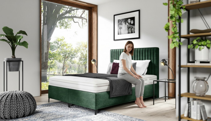 Luxury box spring bed, bedroom upholstered bed, furniture, textile, 160x200cm, wood