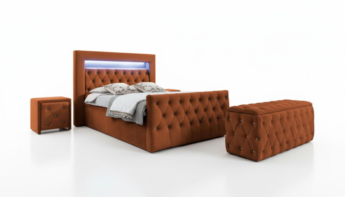 Chesterfield Bedroom Set Textile Bed 2x Wooden Nightstands Stool