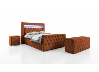 Chesterfield Bedroom Set Textile Bed 2x Wooden Nightstands Stool