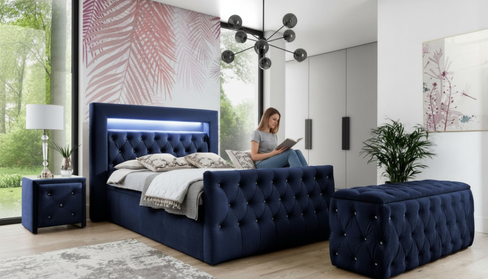 Dark blue Chesterfield bedroom furniture LED double bed nightstands