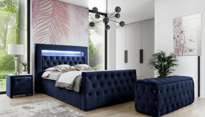 Dark blue Chesterfield bedroom furniture LED double bed nightstands