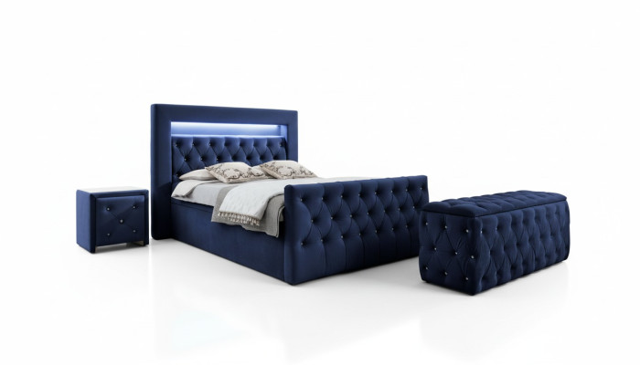 Dark blue Chesterfield bedroom furniture LED double bed nightstands