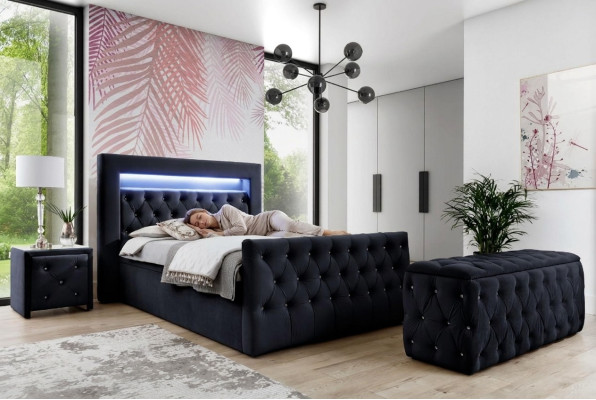 Black Chesterfield LED Fabric Bed 2x Wooden Nightstands Stool 4-piece Set