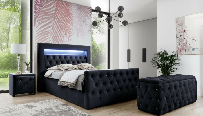 Black Chesterfield LED Fabric Bed 2x Wooden Nightstands Stool 4-piece Set