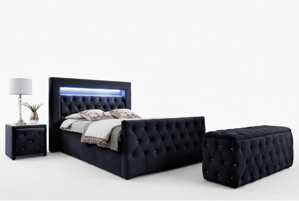 Black Chesterfield LED Fabric Bed 2x Wooden Nightstands Stool 4-piece Set