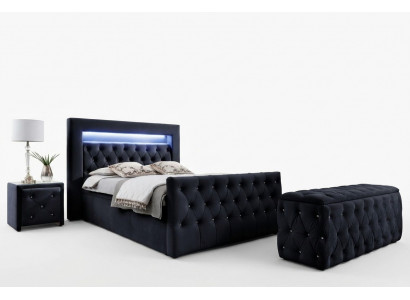Black Chesterfield LED Fabric Bed 2x Wooden Nightstands Stool 4-piece Set