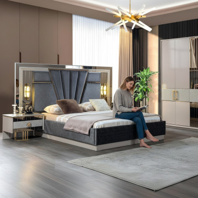 Bedroom set bed with 2x nightstands complete luxury furnishings modern